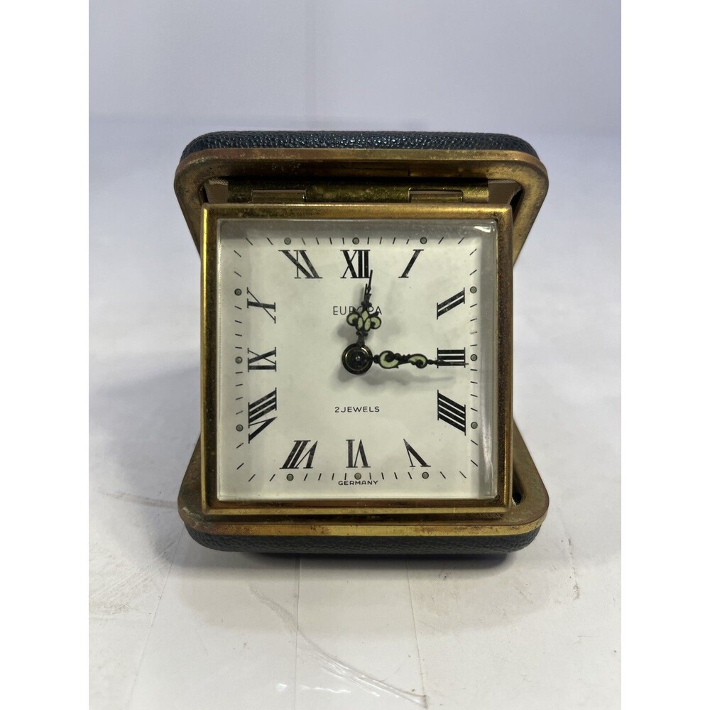 Vintage Europa 2 Jewel Clockwork Folding Travel Alarm Clock Great Condition